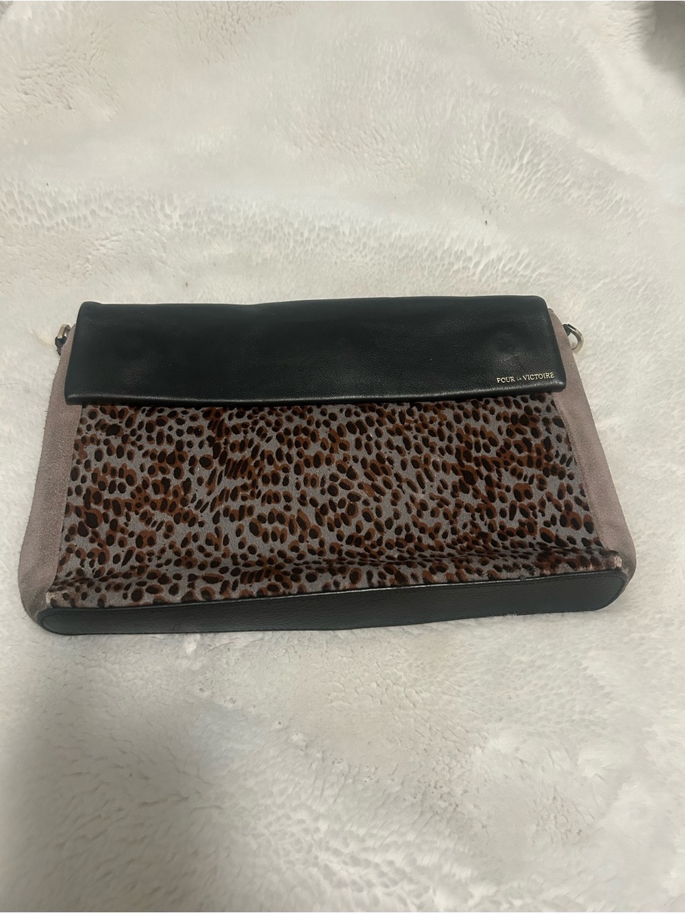 Pour La Victoire Black and Brown Leopard Foldover Clutch